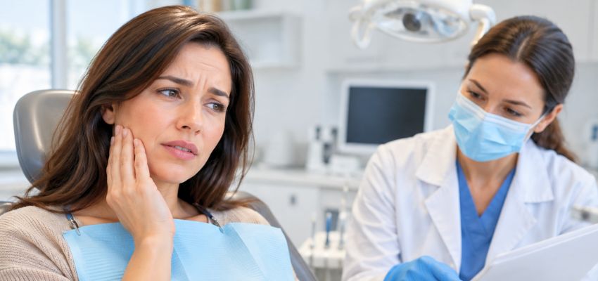 Patient in the dental chair discussing pain and bad breath after tooth extraction with her dentist.