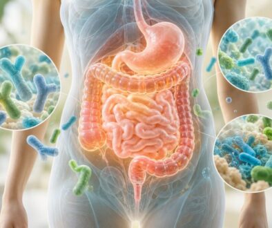 Digestive system illustration highlighting beneficial bifidus bacteria in the gut.