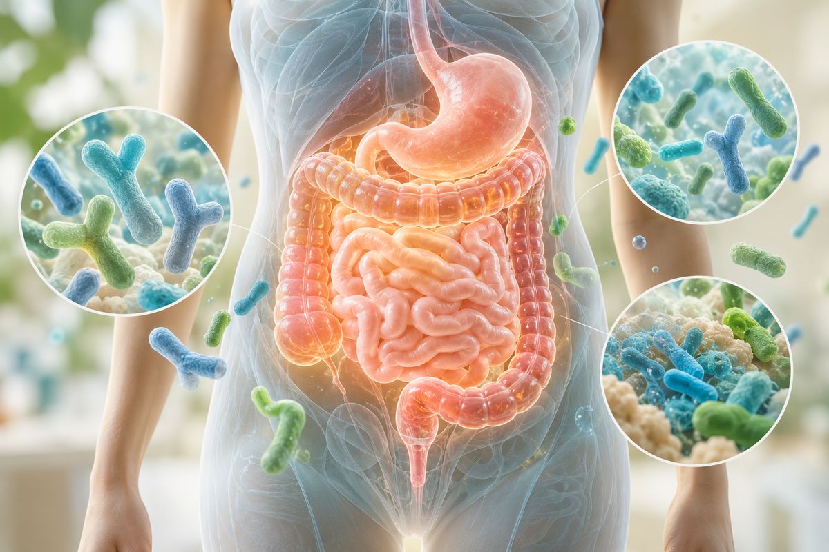 Digestive system illustration highlighting beneficial bifidus bacteria in the gut.