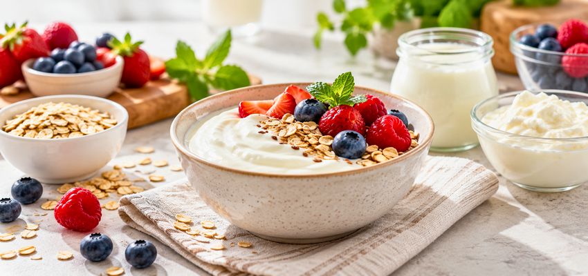 Yogurt bowl with fresh berries, a natural food source often containing bifidus.