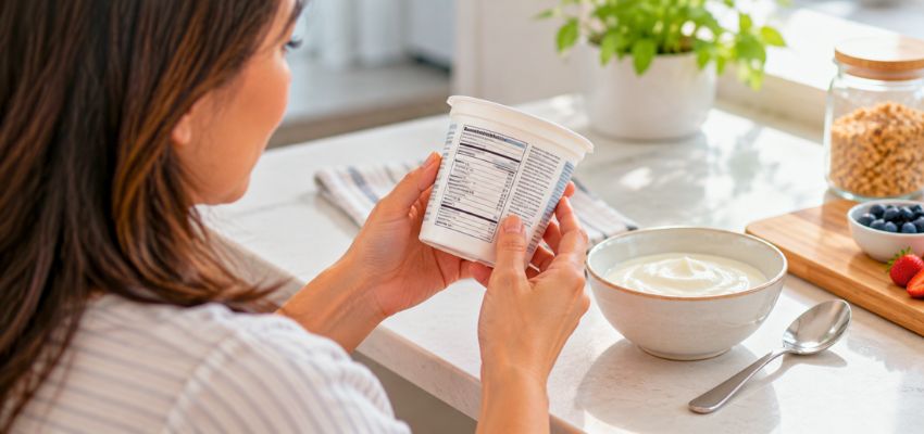 Woman checking a yogurt label while considering is yogurt good for constipation.