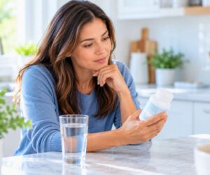 Woman reviewing a supplement bottle while considering the benefits of oral probiotics.