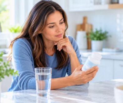Woman reviewing a supplement bottle while considering the benefits of oral probiotics.