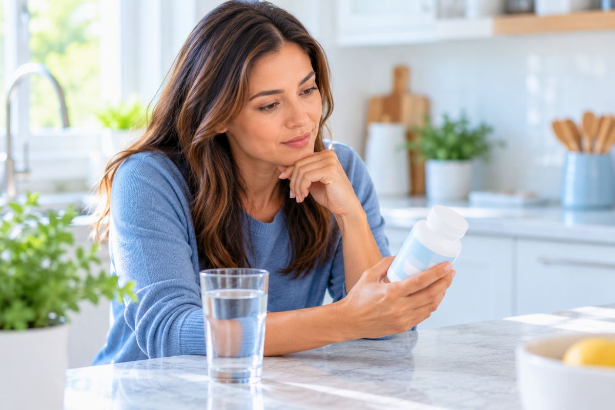 Woman reviewing a supplement bottle while considering the benefits of oral probiotics.