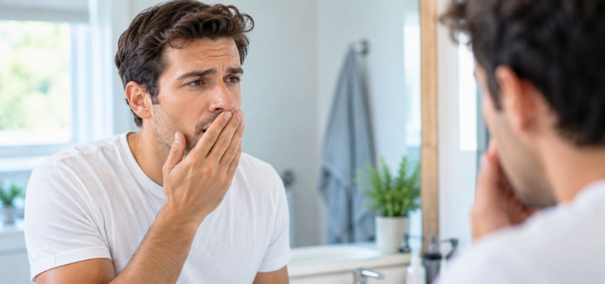 Man checking his breath in the mirror, a common reason people try oral probiotics.